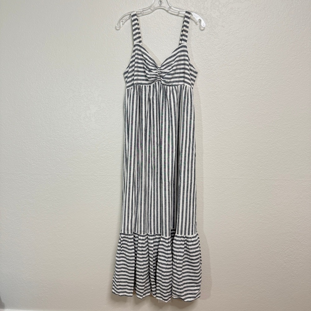 Banana Republic Maxi Dress Womens Large Tall Navy Blue Striped Linen Blend Lined